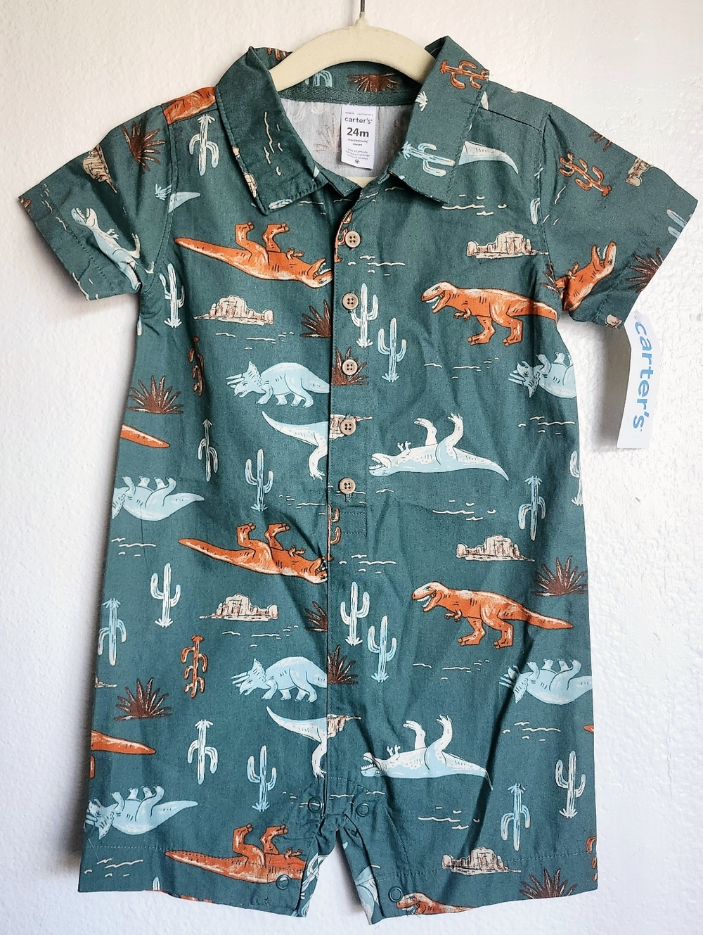 Carter’s Dinosaur Romper 24M NWT – Boys Button Up Dino Outfit Summer Cute